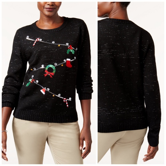 Karen Scott Sweaters - Black & Silver Metallic Christmas Xmas Holiday Sweater Petite Size Large